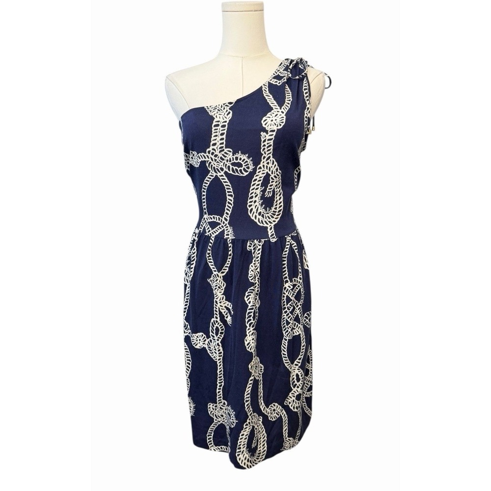 Lilly Pulitzer One Shoulder Nautical Rope Dress Women Size S Navy Silk Cotton
